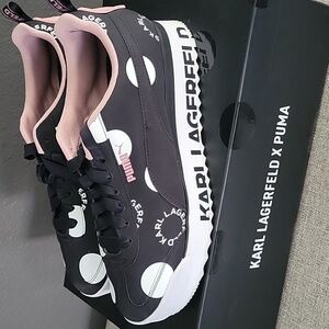 Karl Lagerfeld X Puma Black, White Polka Dot Sneakers with Pink Accents